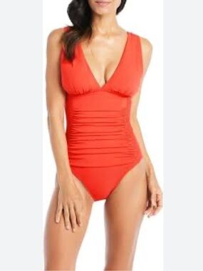 NWOTs Beyond Control Solid Plunge V-Neck One-Piece Habanero Red Swimsuit Size 16